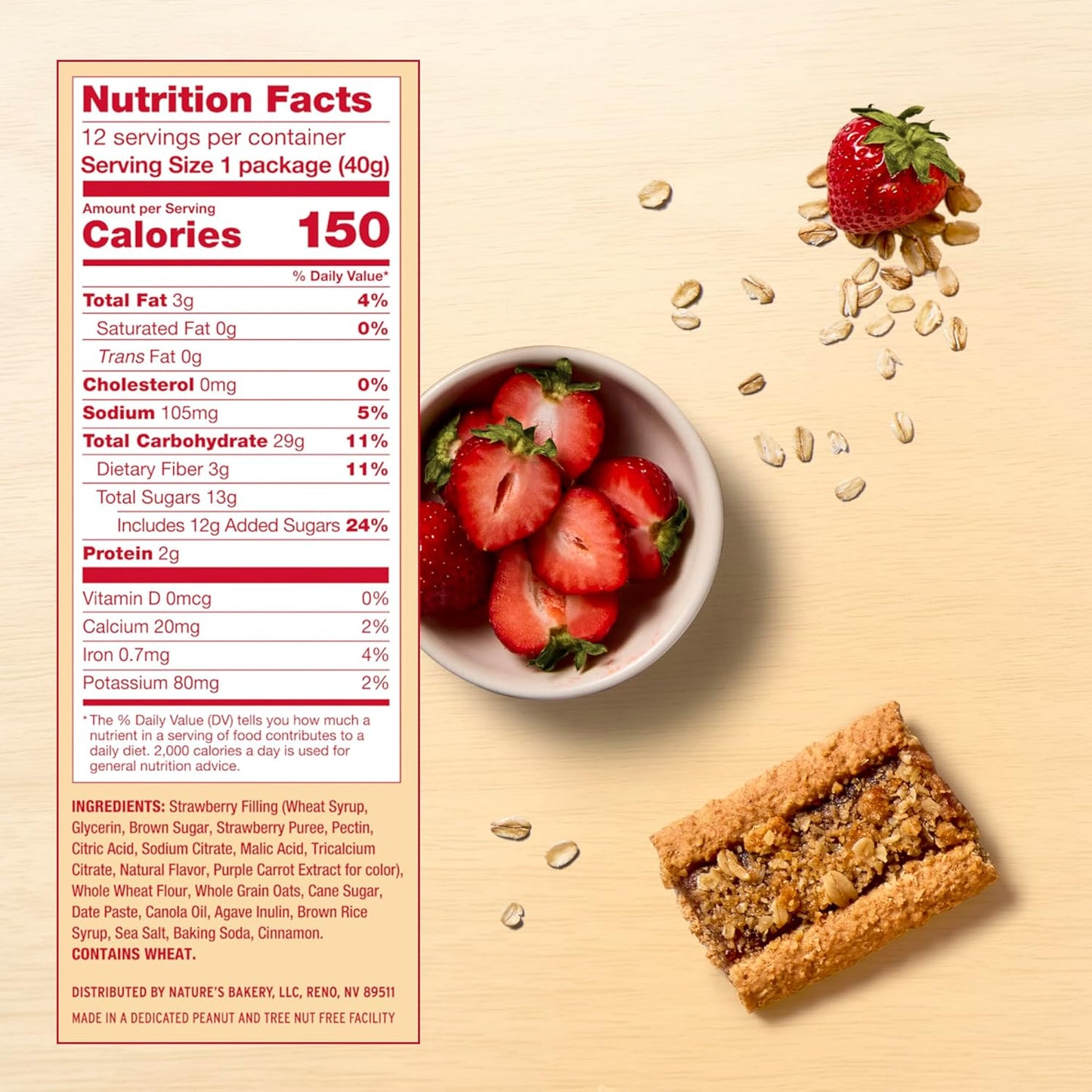 Nature’s Bakery Oatmeal Crumble Bars, Strawberry, Real Fruit, Vegan, Non-GMO, Breakfast bar, 1 box with 12 bars