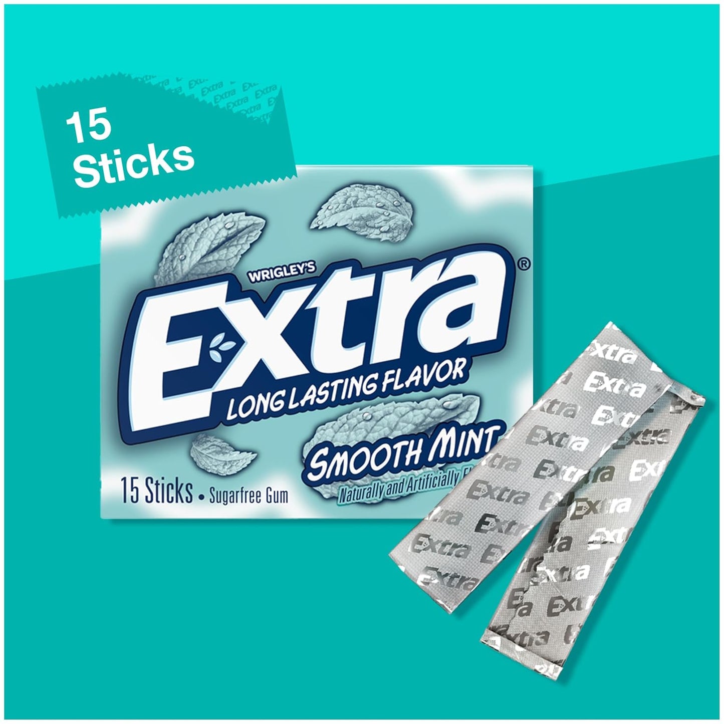 EXTRA Smooth Mint Sugar Free Chewing Gum, Bulk, 15 Stick, 10 Pack | Smooth mint individually wrapped sugar free gum, long lasting flavor and freshness for busy days, commutes, travel, lunch box