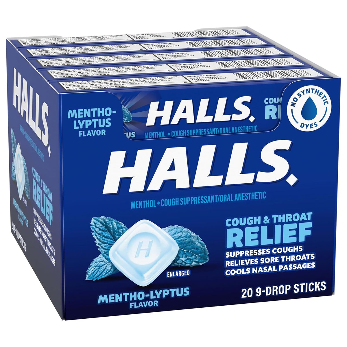 HALLS Cough & Throat Relief Mentho-Lyptus Cough Drops, 180 ct | No Synthetic Dyes, 20 Sticks of 9