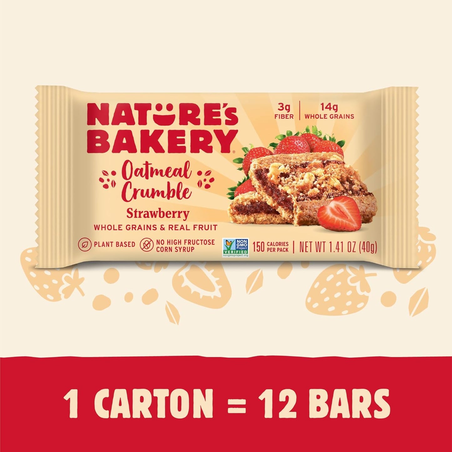Nature’s Bakery Oatmeal Crumble Bars, Strawberry, Real Fruit, Vegan, Non-GMO, Breakfast bar, 1 box with 12 bars