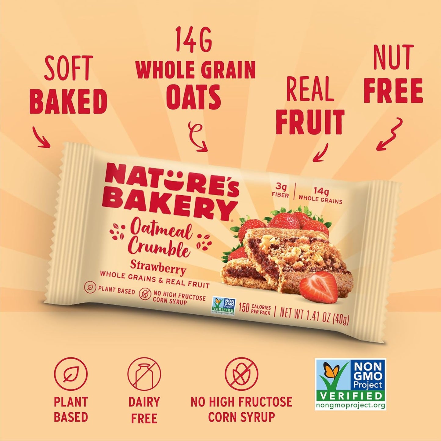 Nature’s Bakery Oatmeal Crumble Bars, Strawberry, Real Fruit, Vegan, Non-GMO, Breakfast bar, 1 box with 12 bars