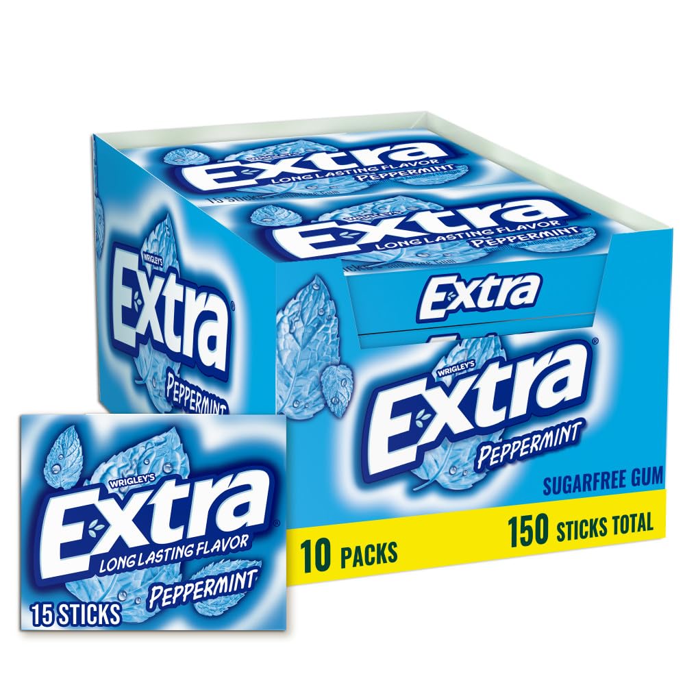 EXTRA Peppermint Chewing Gum, Individually Wrapped, Bulk, 15 ct, 10 Pack | Cool peppermint sugar free gum, refreshing flavor for school, work, commutes and travel, lunch box, road trips