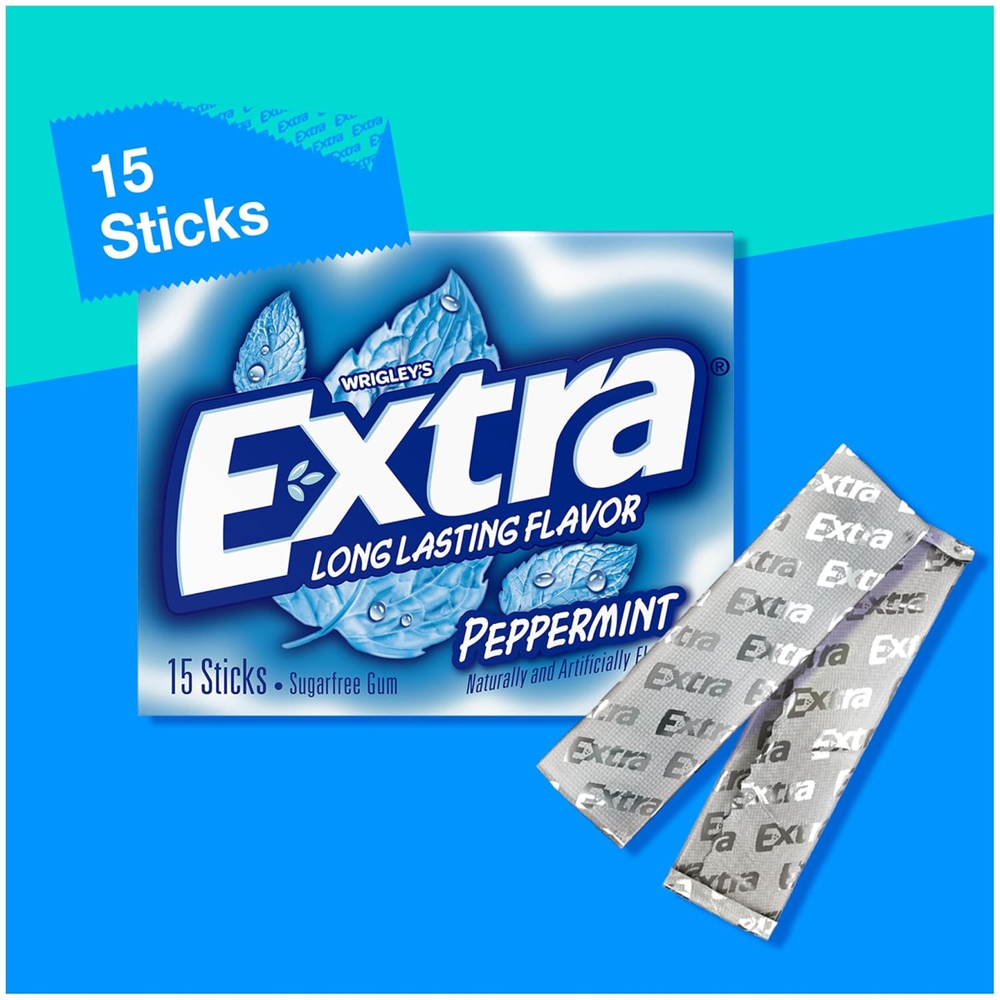 EXTRA Peppermint Chewing Gum, Individually Wrapped, Bulk, 15 ct, 10 Pack | Cool peppermint sugar free gum, refreshing flavor for school, work, commutes and travel, lunch box, road trips