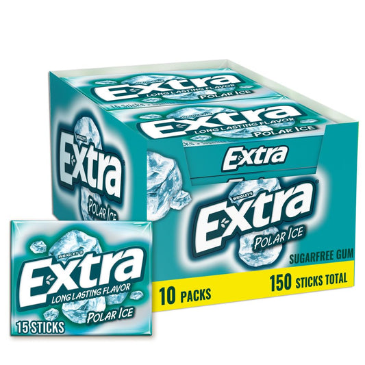EXTRA Gum Polar Ice, Sugarfree Mint Chewing Gum Bulk Pack, 15 Ct, 10 Pack | Long Lasting Cool Mint Flavor for Fresh Breath, Individually Wrapped Bulk Packs for Sharing, Great for School, Work, Travel