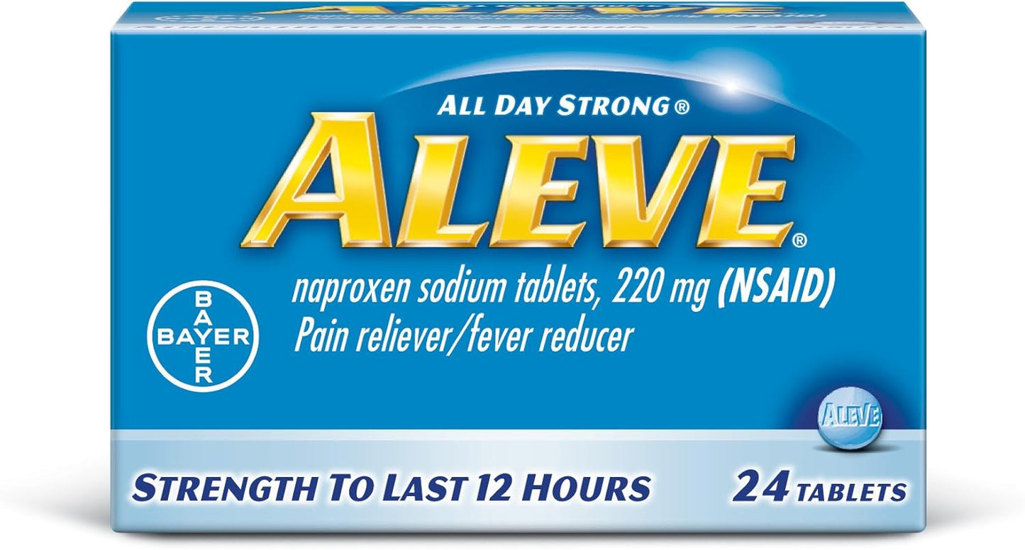 Aleve Tablets with Naproxen Sodium, 220mg (NSAID) Pain Reliever/Fever Reducer, 24 Count, Blue