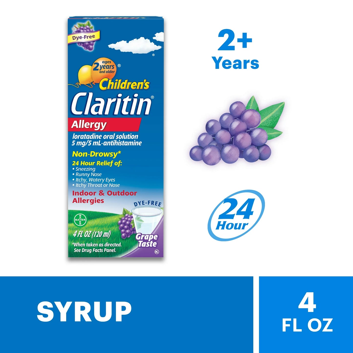 Children's Claritin 24 Hour Non-Drowsy Allergy Relief, Loratadine Antihistamine Grape Syrup Allergy Medicine, Dye-free, 4 fl oz