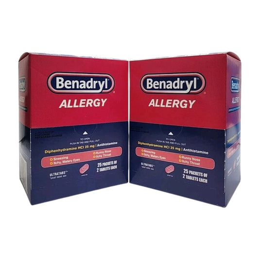 Benadryl 25/2s (2 Box) Retail Display Box 25 Packets of 2 Pills, 2 Box