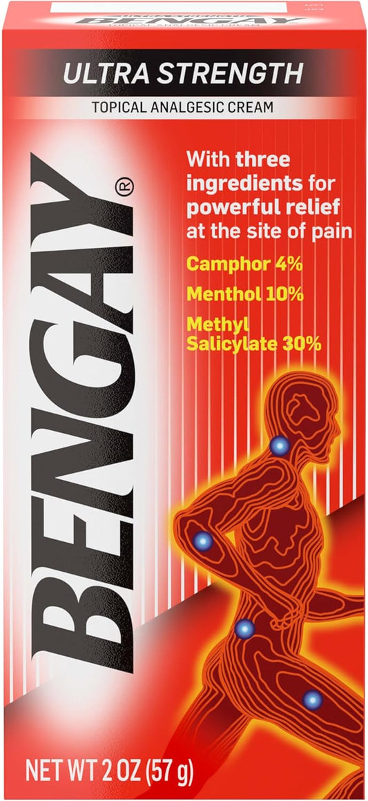 Bengay Ultra Strength Bengay Topical Pain Relief Cream, Non-Greasy Topical Analgesic for Minor Arthritis, Muscle, Joint, and Back Pain, Camphor, Menthol & Methyl Salicylate, 2 oz