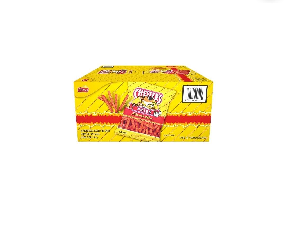 Chesers Flamin’ Hot Corn Fries Snacks, 50 Count, 1 oz Bags, Spicy Crunchy Corn Snacks, Individually Wrapped On-the-Go Snack Packs for Lunches, Parties, Office & Travel Snacking