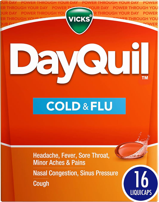 Vicks DayQuil Cold & Flu Medicine, Non-Drowsy Powerful Multi-Symptom Daytime Relief for Headache, Fever, Sore Throat, Minor Aches and Pains, Nasal Congestion, Sinus Pressure and Cough, 16 Liquicaps