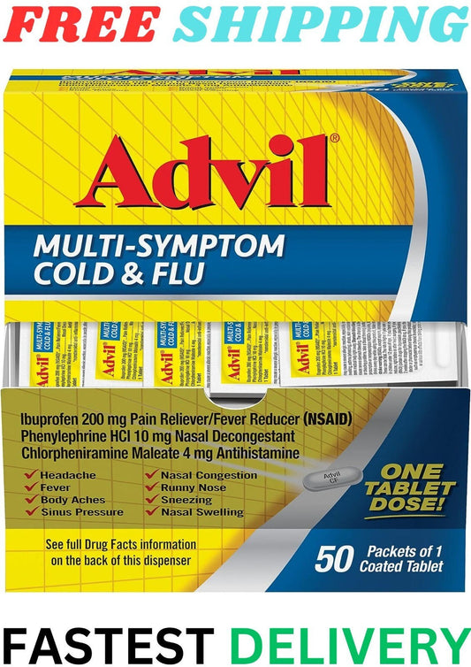 Advil Multi Symptom Cold and Flu Medicine, Cold Medicine for Adults with Ibuprofen, Phenylephrine HCL and Chlorpheniramine Maleate - 50 Coated Tablets