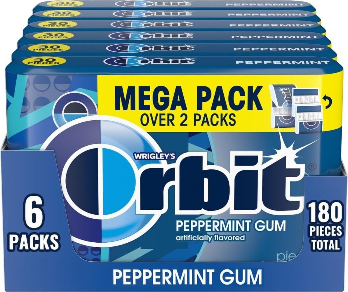 ORBIT Gum Peppermint Sugar Free Chewing Gum Individually Wrapped Mint Mega Packs, 6 Count, 30 Piece Bulk Box