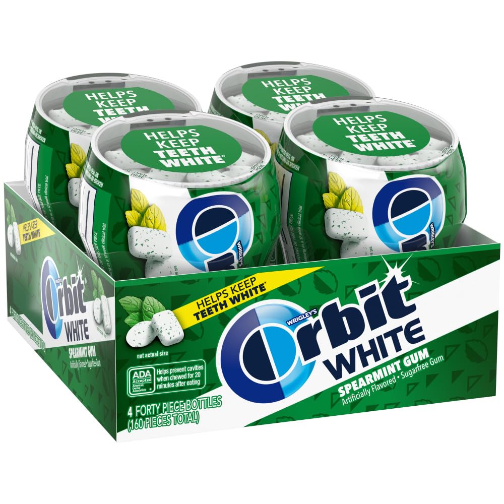 ORBIT WHITE Spearmint Sugar Free Mint Sugarless Fresh Breath Chewing Gum, 40 Piece Resealable Bottle, (4 Pack) for Refreshening Breath